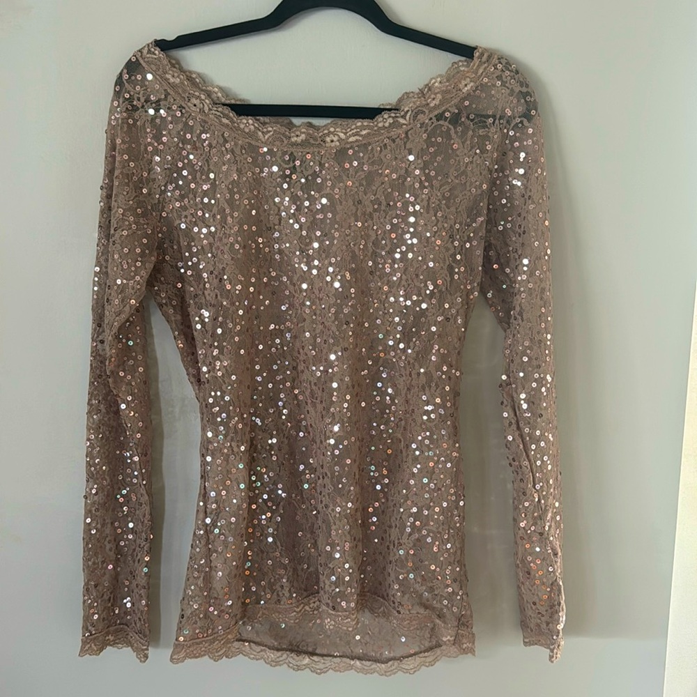Moda International Sheer Lace Sequin Blouse Large